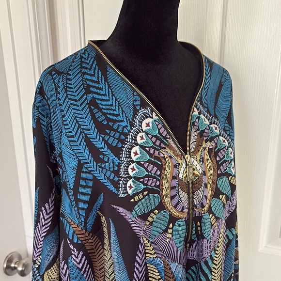 Bob Mackie Blue Green Long Sleeve Graphic Blouse - Picture 3 of 13